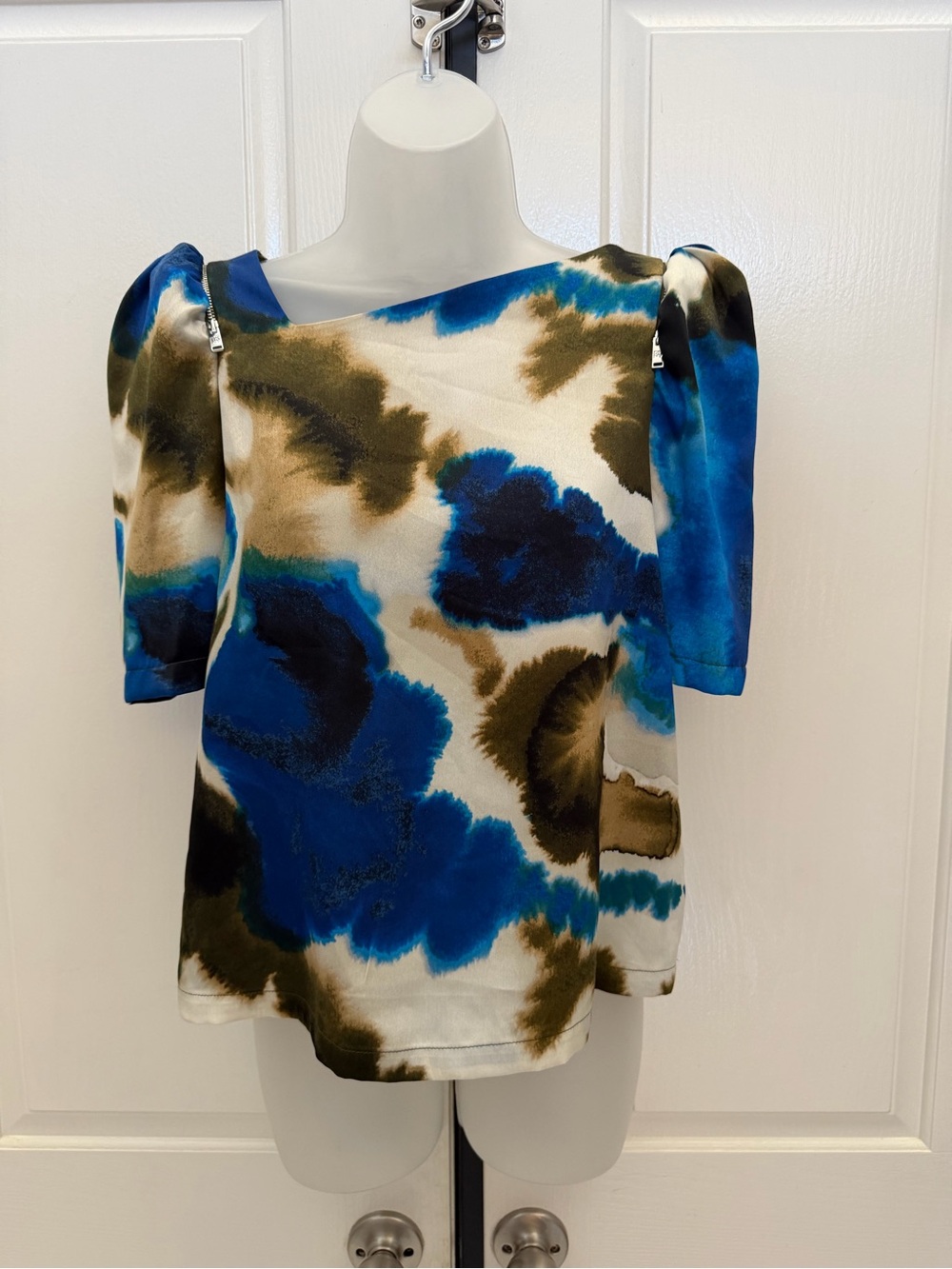 DKNY Ink Swirl Floral Puff-Sleeve Zipper Top Sz XS